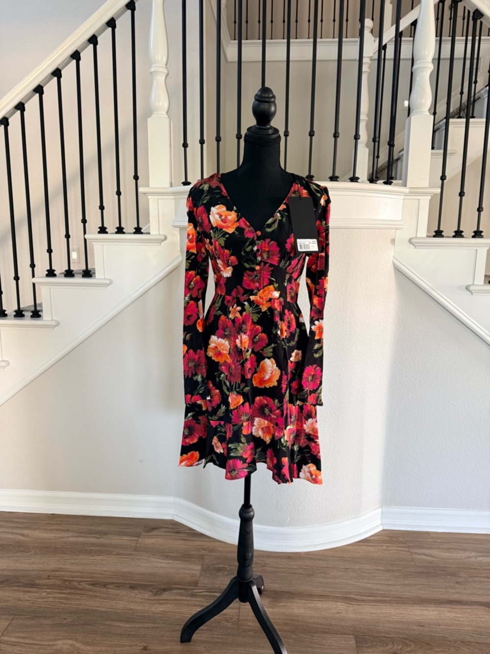 $555 The Kooples Silk Floral Mini Dress NWT Black Red Puff Sleeve EU2 (US S)